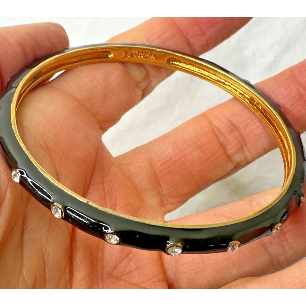 J Crew bracelet Bangle Black Crystals Enamel Gold Tone Signed Thin